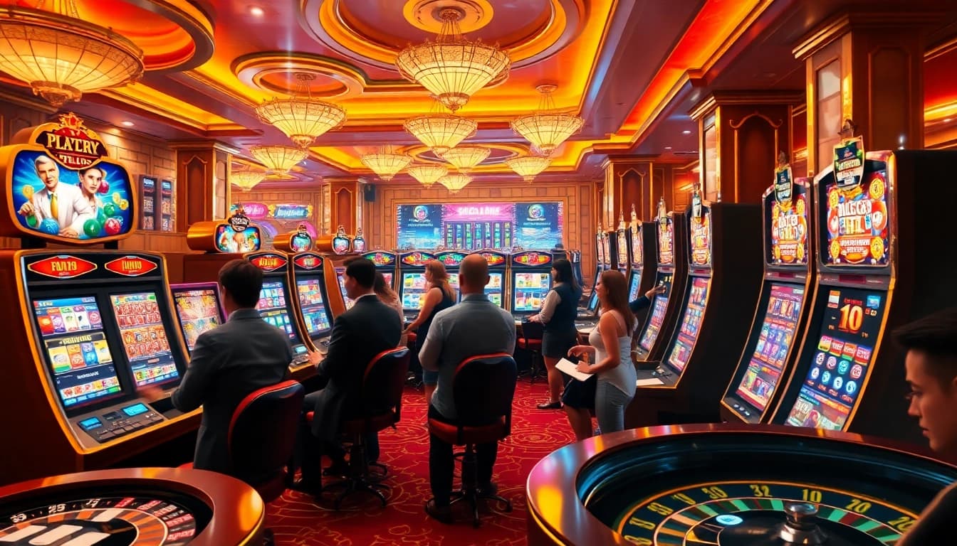 IDNslot players enjoying vibrant slot machines in a lively casino atmosphere.
