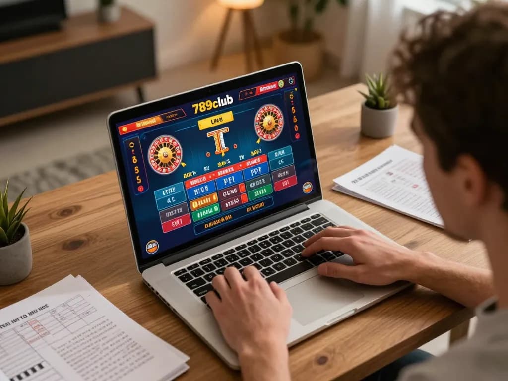 Player engaging in strategic gameplay on 789club online platform with laptop and notes.