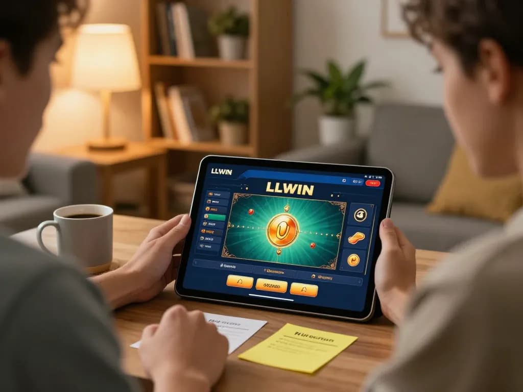 Engaging user exploring LLWIN Function on a tablet in a cozy home casino setting.