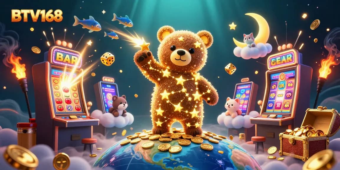 BTV168 reveals a magical casino world with a constellation bear, coins, and jackpot thrills.