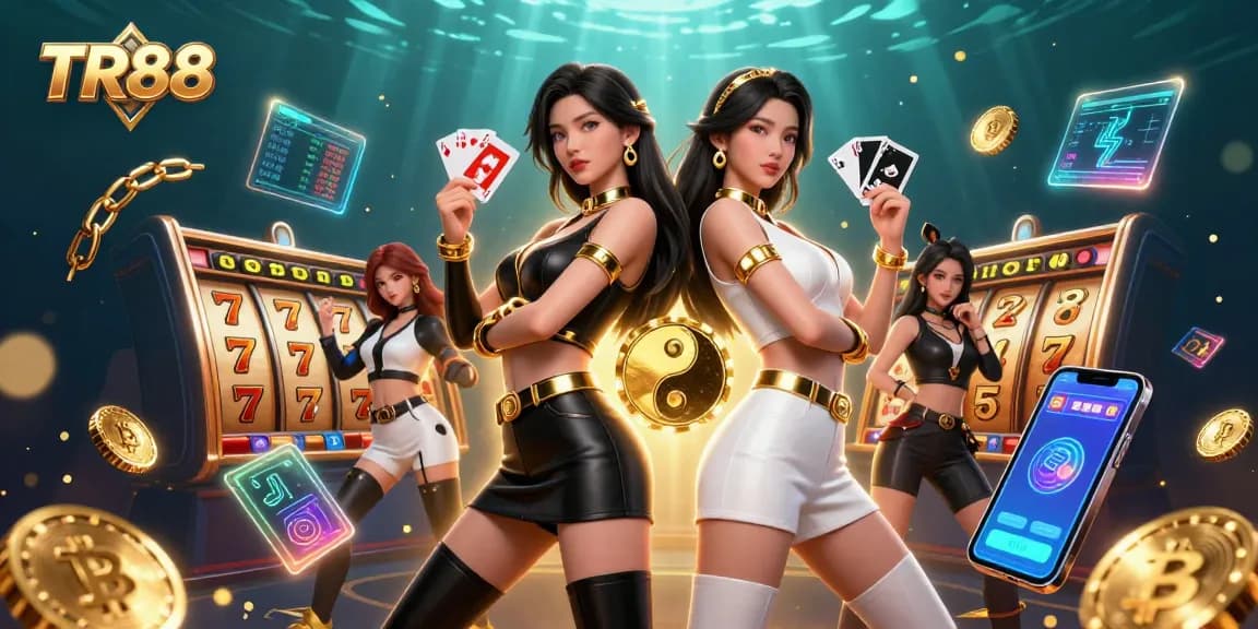 Experience thrilling casino action with TR88 featuring two stunning Asian women and vibrant digital elements.