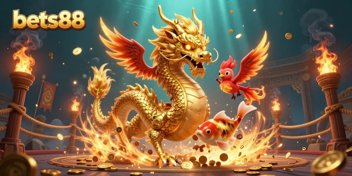 Experience thrilling gameplay with bets88, featuring a golden dragon and phoenix amidst coins and flames.