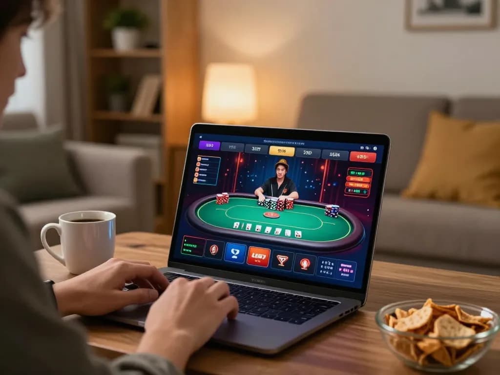 L567 player using laptop for an engaging online poker game in a cozy home environment, showcasing responsible gaming.