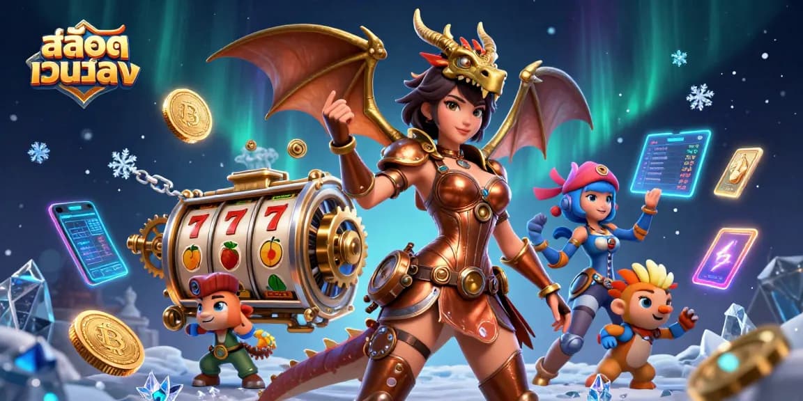 Engage with สล็อตเว็บตรง in an enchanting 3D scene featuring vibrant slots and golden coins.