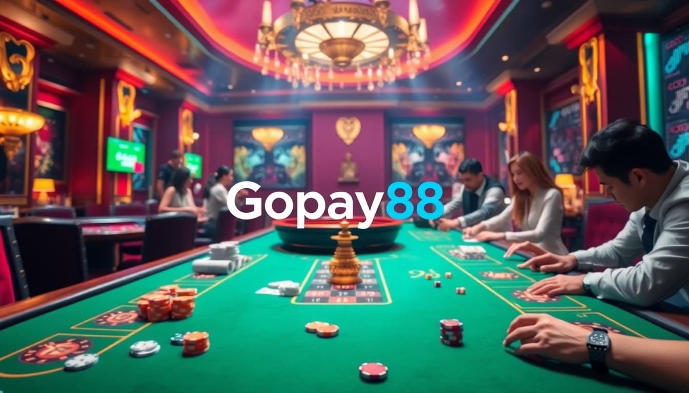 Experience the thrill of Gopay88 with vibrant casino tables and engaged players in a luxurious setting.