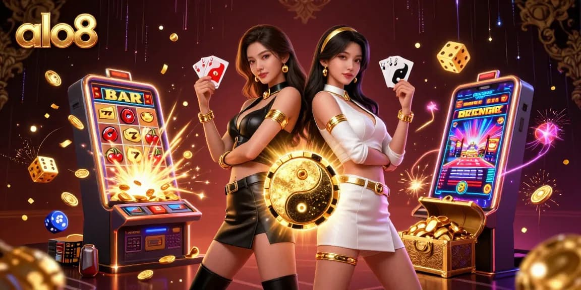 Experience the thrill of gambling with alo8's vibrant casino illustration showcasing winning players and exciting game elements.