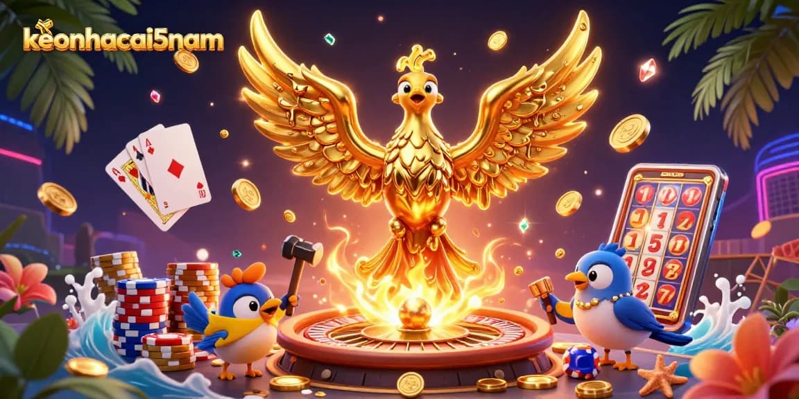 Engage with keonhacai5nam as molten metal phoenix and casino elements create a dynamic illustration.