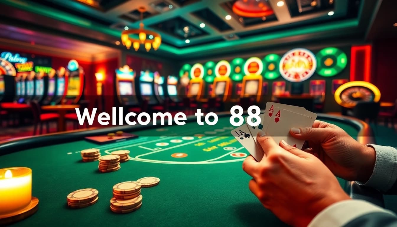 Experience the thrill of 88vv with strategic blackjack gameplay in a luxurious casino setting.