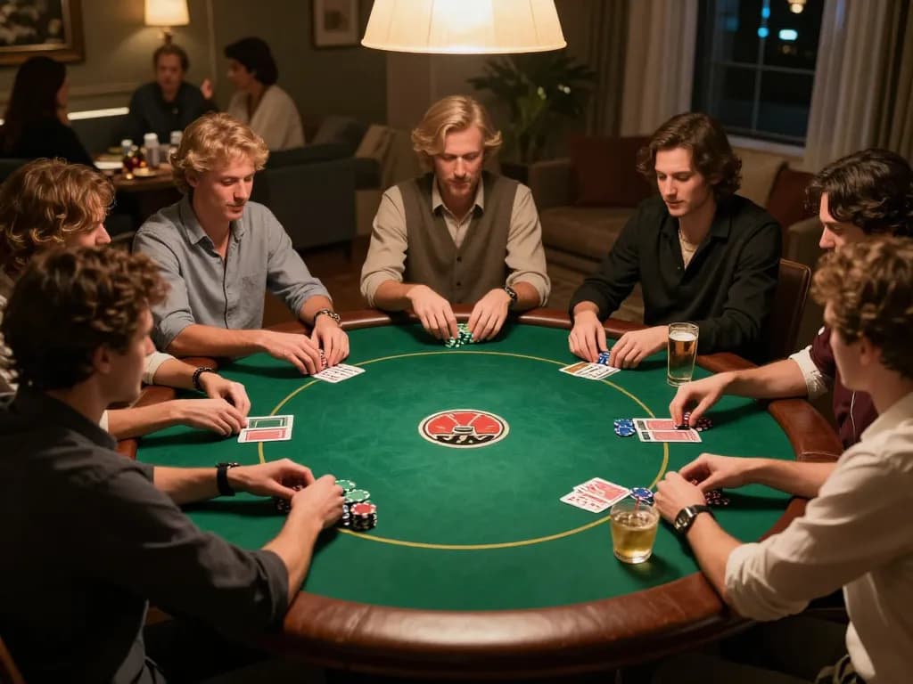 Players engaged in a Texas Hold'em game at home, enjoying a cozy poker night. Visit https://s8inc.com/ for more strategies.