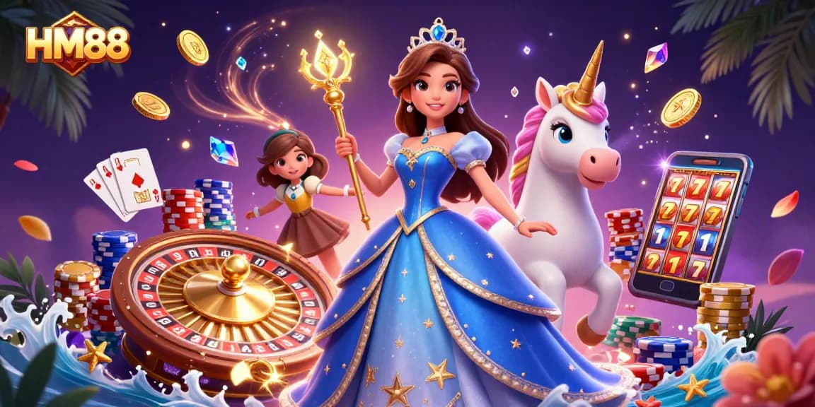 Experience the thrill of HM88 with enchanting characters and dynamic casino elements in a rich illustration.