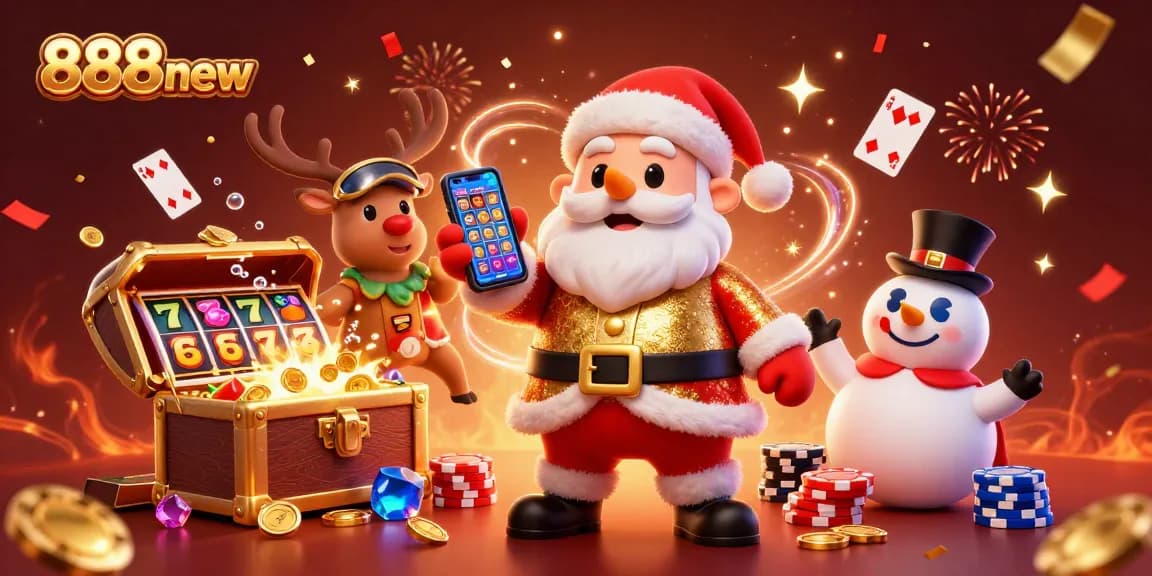 Win big with 888new at the vibrant casino illustrated scene featuring Santa, reindeer, and snowman.