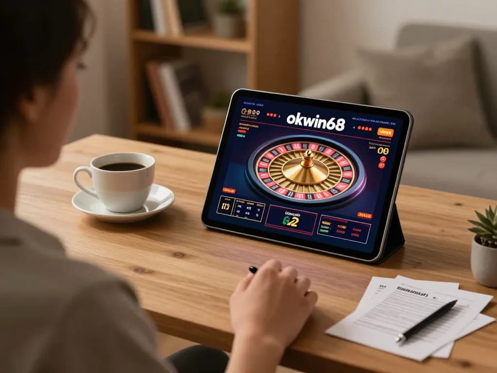 Player engages with okwin68 on tablet, showcasing a dynamic online roulette game setup in a cozy home office.