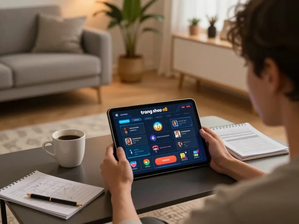 Engaging with online gambling on the trang chủ o8 platform from a cozy home setting with a tablet