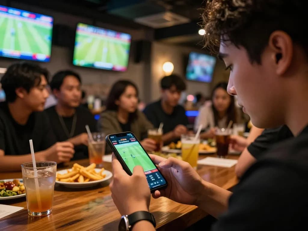 Engaged bettor analyzing keo nha cai sports odds on smartphone in lively sports bar setting