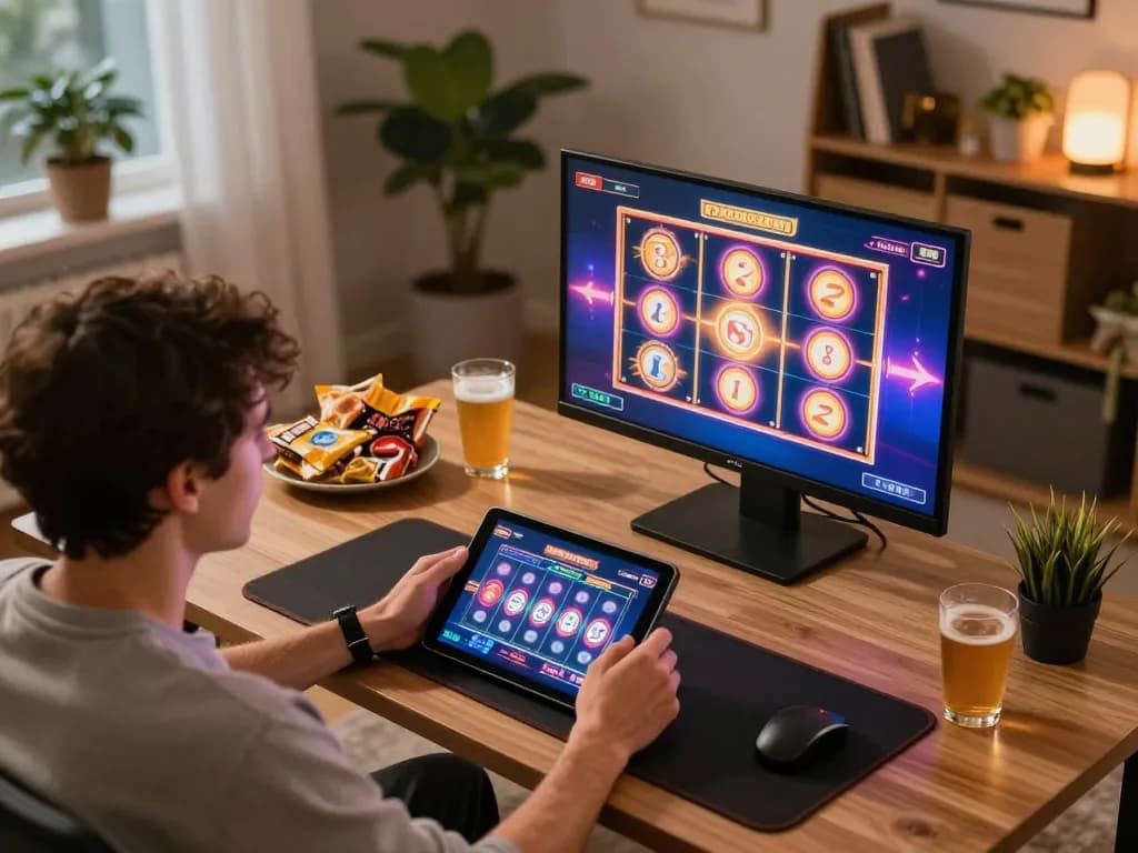 Player enjoying engaging 32win online casino slots while relaxing at home, showcasing vibrant and exciting gameplay