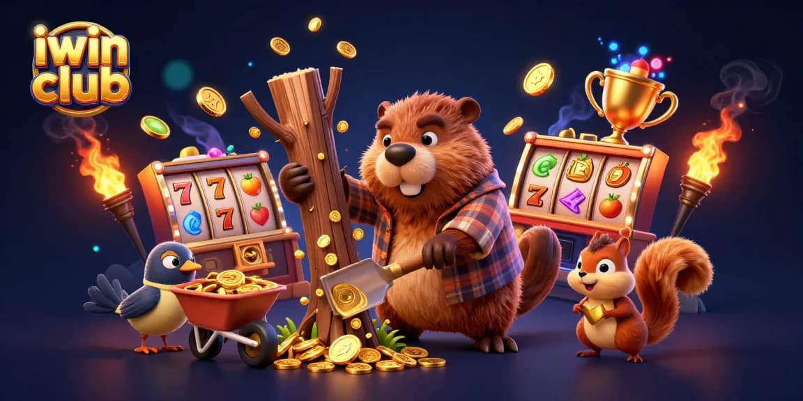 Join the excitement at iwin club with a dynamic scene of a beaver, bird, and squirrel collecting coins.