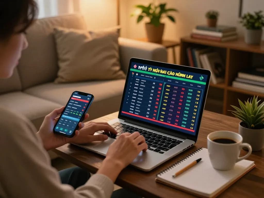 Using a laptop to analyze tỷ lệ kèo nhà cái hôm nay in a cozy room, focusing on sports betting odds.