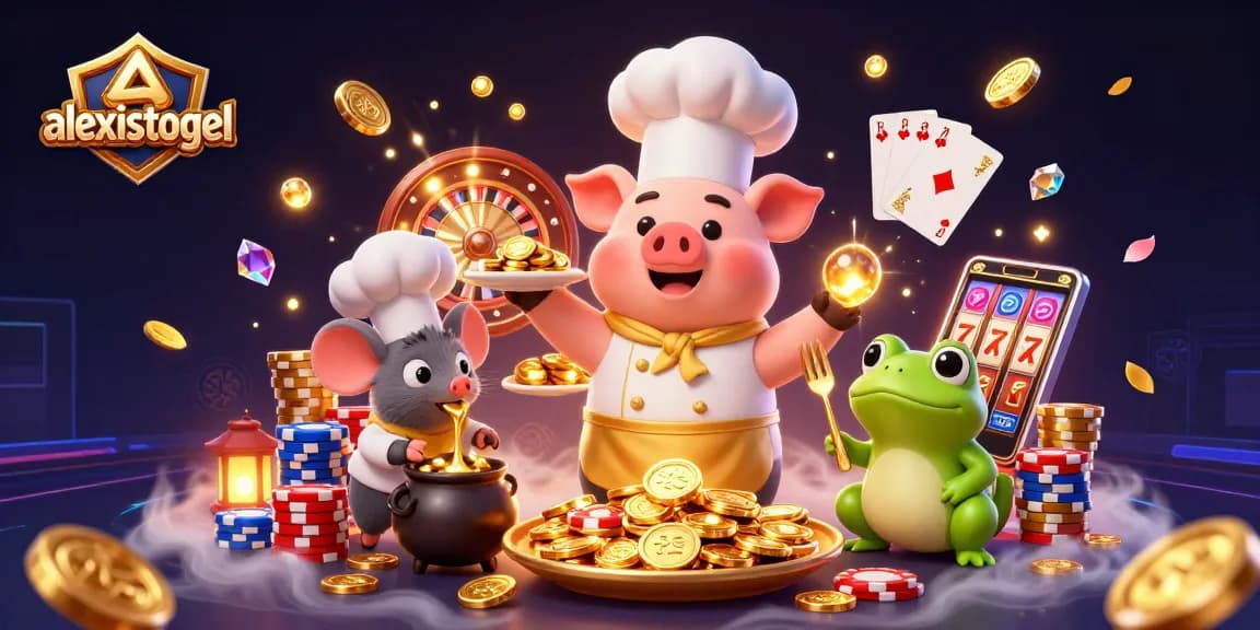 Experience the thrill of alexistogel with a vibrant 3D illustration of characters and casino elements.