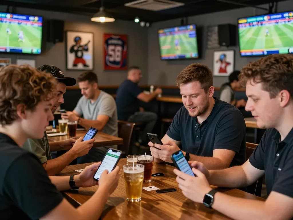 Sports bettors engaged in keonhacai strategies, checking bets on smartphones in lively atmosphere.