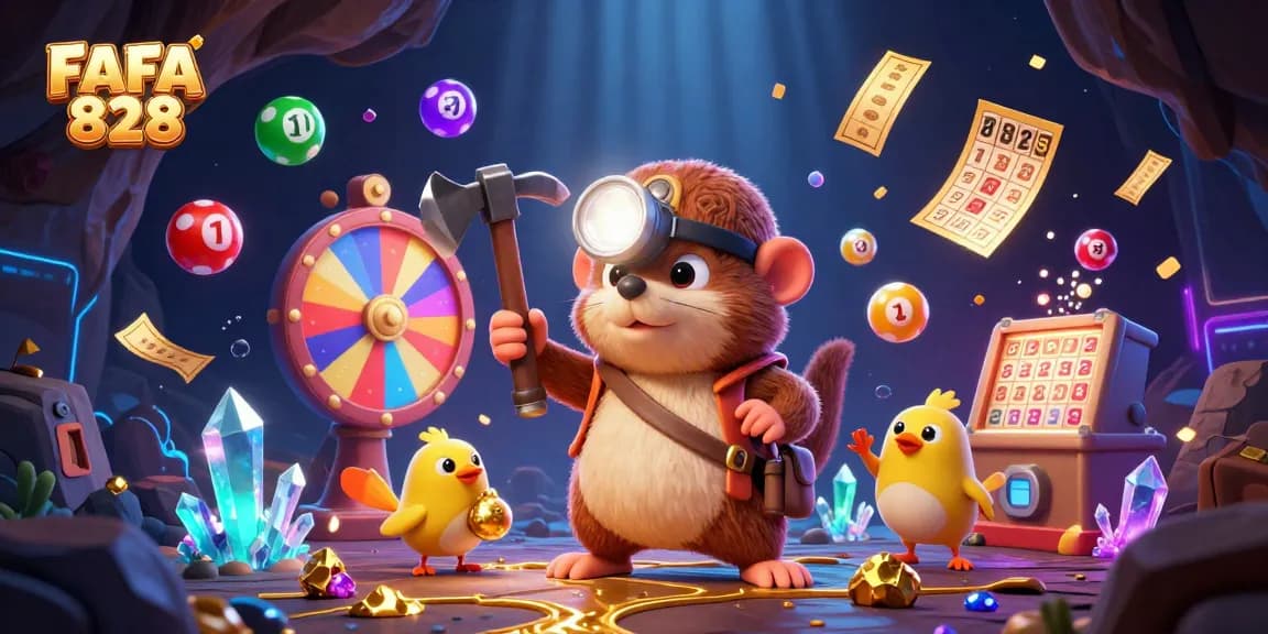 Engage with FAFA 828's vibrant gaming atmosphere featuring a treasure hunter scene rich in lottery elements.