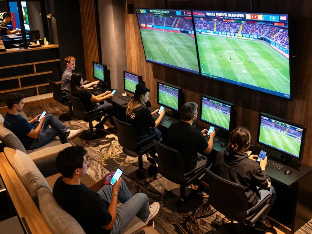 USBET users engaging in dynamic live sports betting at a modern lounge, showcasing modern screens and betting activities