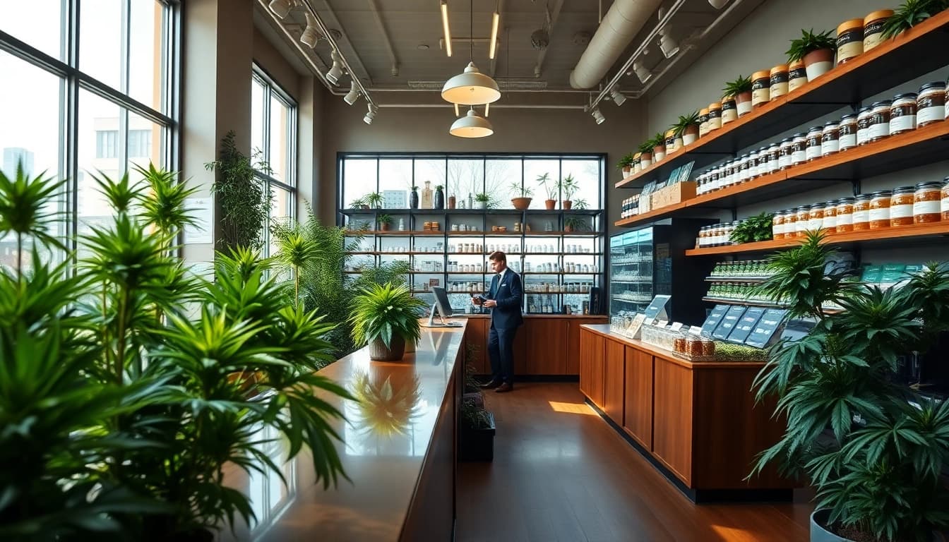 Shop at a pot shop online featuring a bright, welcoming interior and diverse cannabis products.