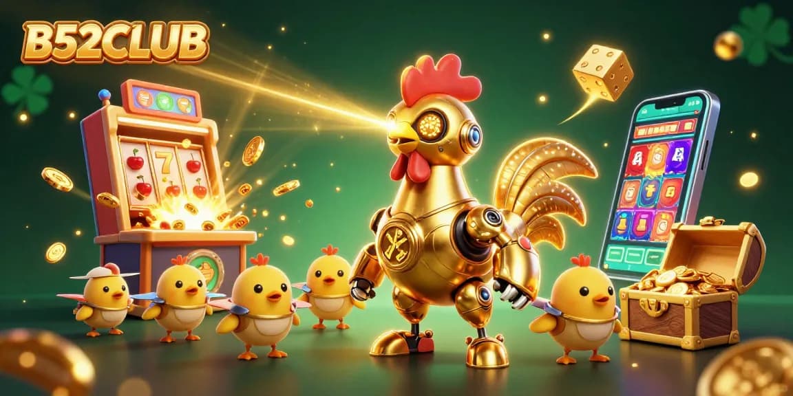 B52CLUB features an explosive jackpot scene with a golden rooster robot and baby chick drones.