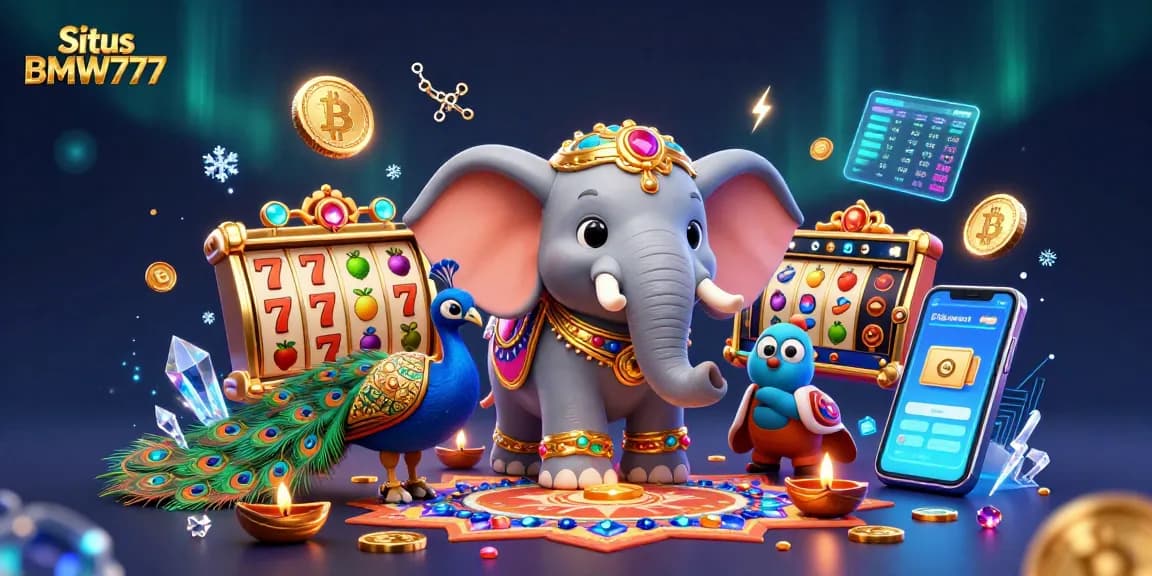 Situs BMW777 offers a vibrant casino scene with a Diwali-themed elephant, peacock, and slot games.