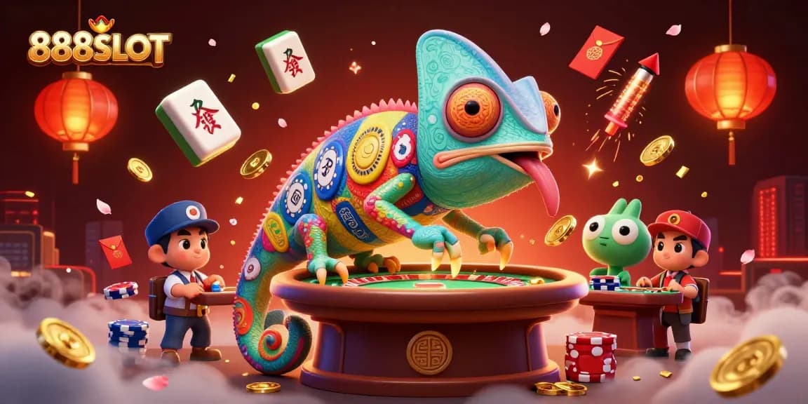 Experience the thrill of 888SLOT with a vibrant casino scene featuring a chameleon owner and dynamic game elements.