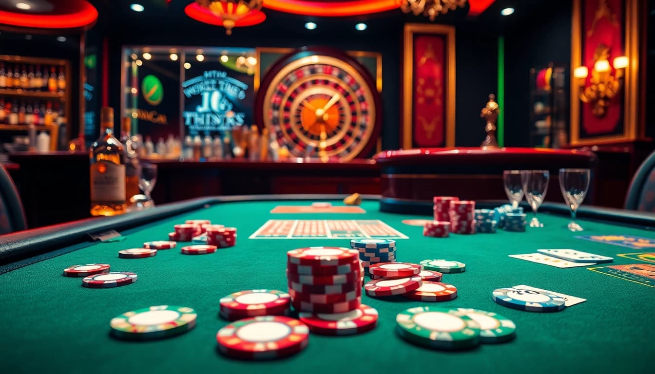 Experience the thrill of RR88 with vibrant poker chips and an elegant casino setup.
