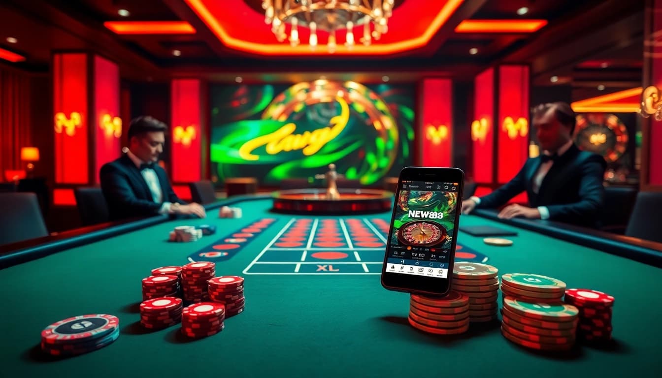 Experience thrilling gaming at New88 with exciting casino elements like poker chips and roulette.