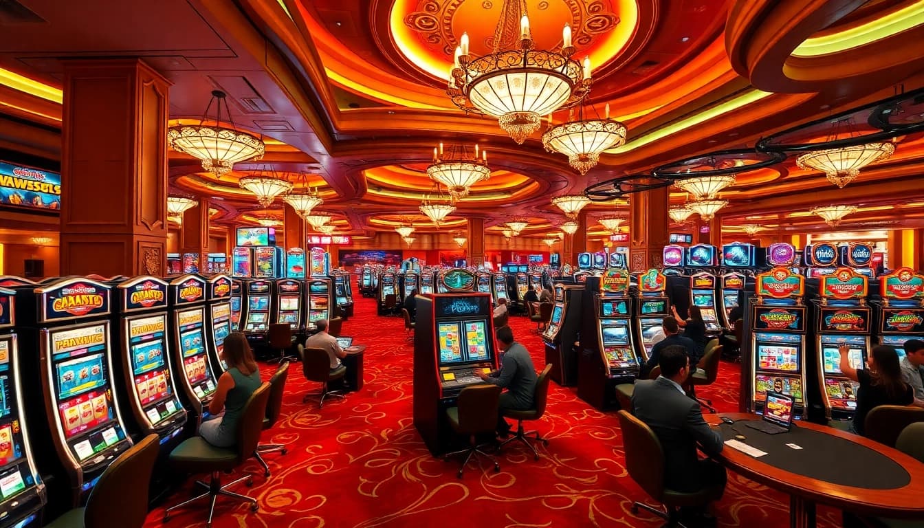 Excited players enjoying demo slot pragmatic in a luxury casino setting with vibrant machines.