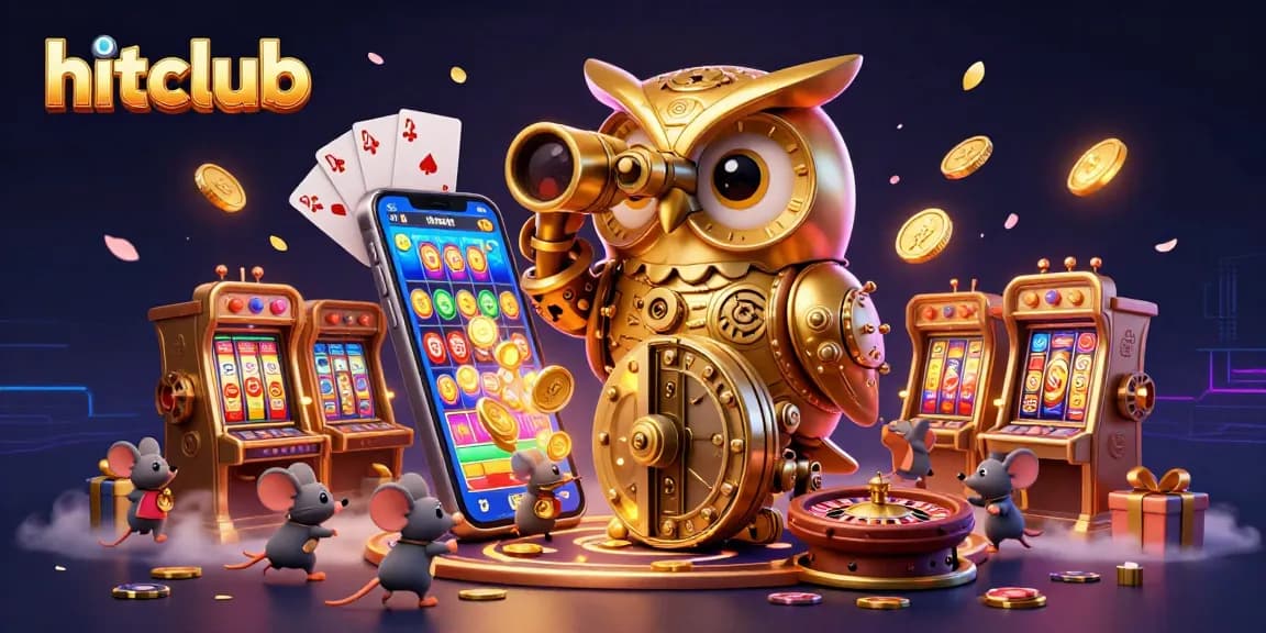 Spin to win at hitclub with a vibrant casino scene featuring an owl, tiny mice, and dynamic gaming elements.