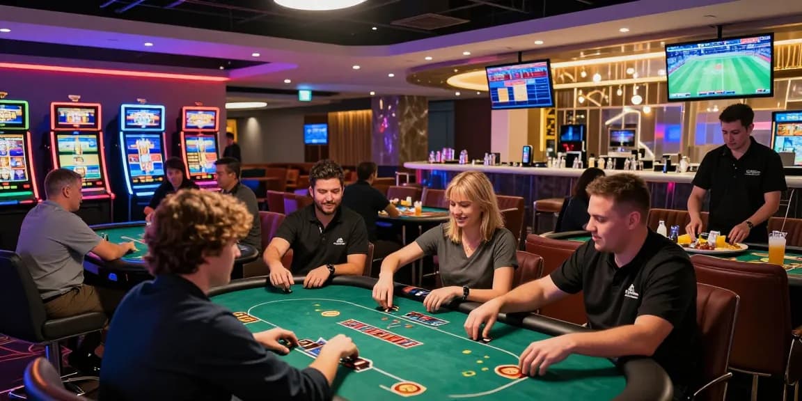 Exciting go99 casino gaming scene with players enjoying poker and slot machines.