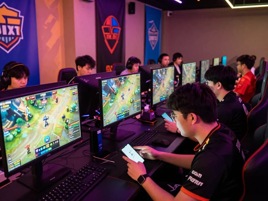 Exciting esports betting scene in Singapore, with gamers enjoying live matches and engaging on mobile devices.