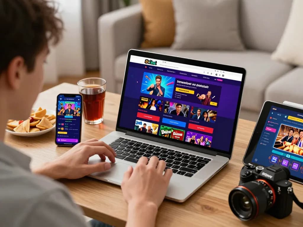 Engaging user interacting with the 8kbet online betting platform in a cozy living room.
