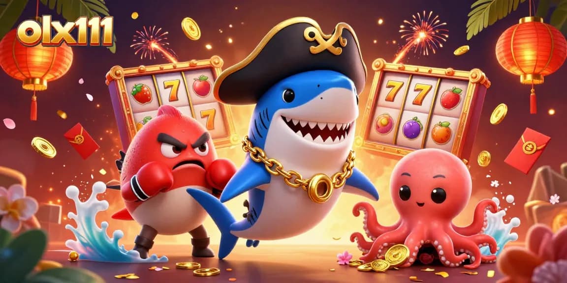 Engage with lively casino action featuring olx111's pirate shark and treasure elements in a vibrant scene.