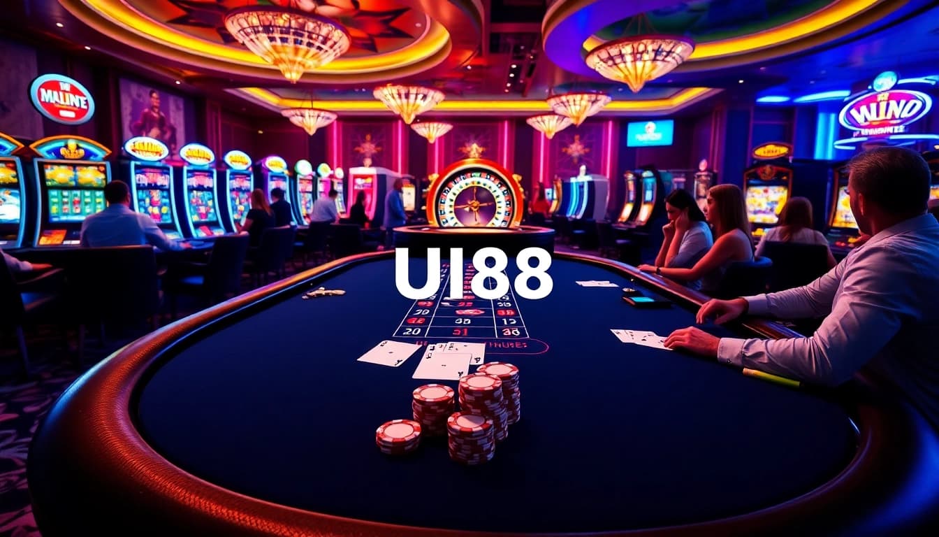 UU88 casino scene with vibrant slot machines and a high-stakes blackjack table.