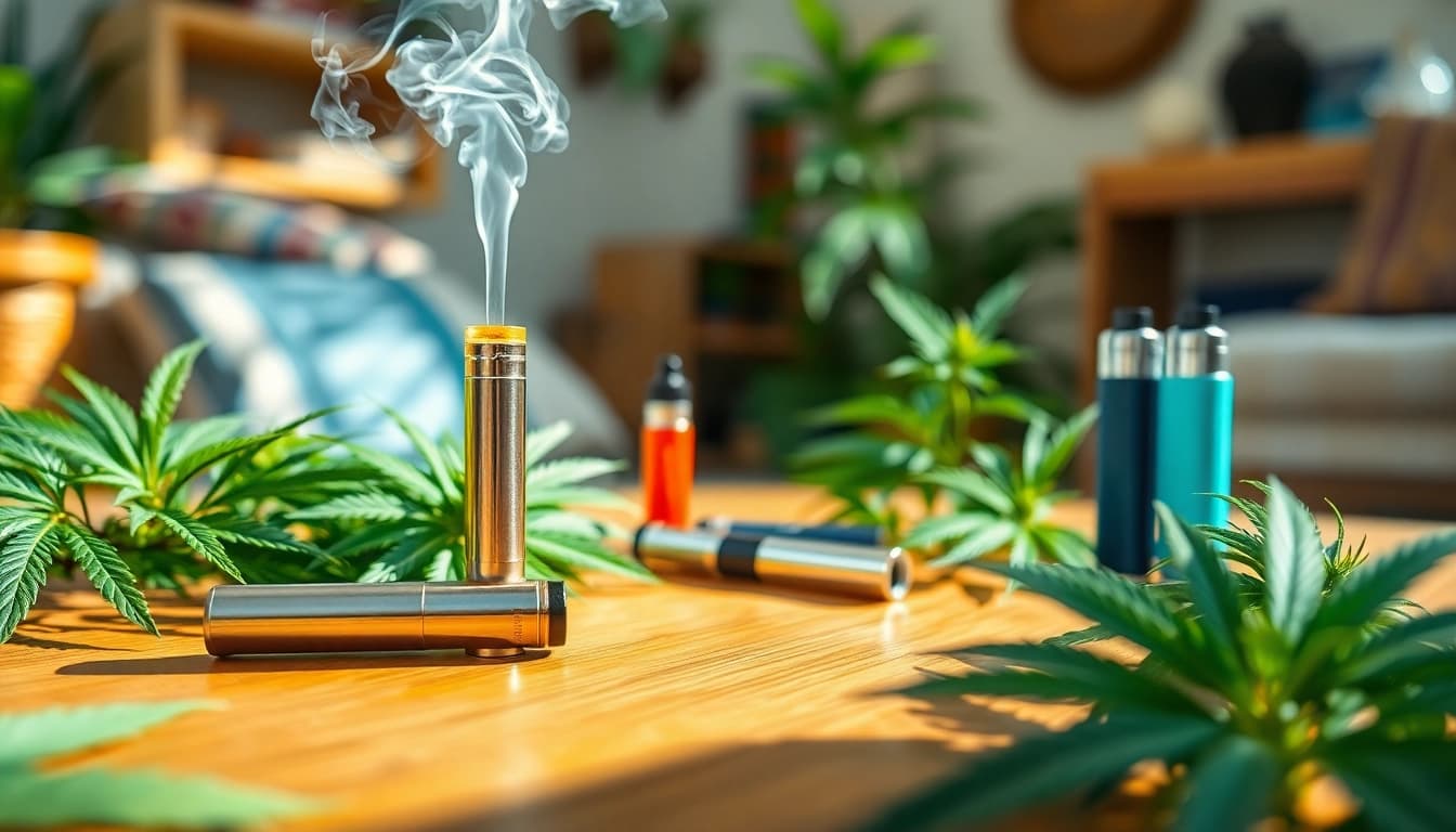 Experience the vibrant effects of weed vape uk with a sleek CBD setup amidst lush greenery.