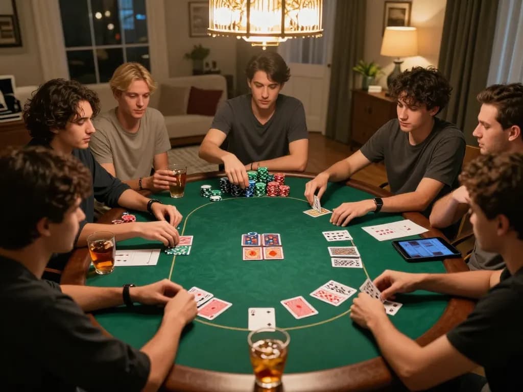 Friends enjoying poker night with strategic focus on gameplay, showcasing Prediksi Jitu atmosphere.