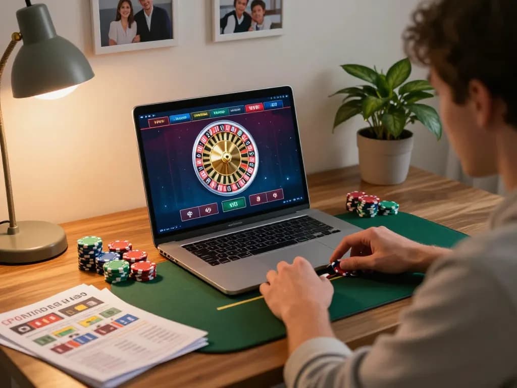 Engaging in live dealer roulette on 388bet from home, with strategy notes and poker chips visible