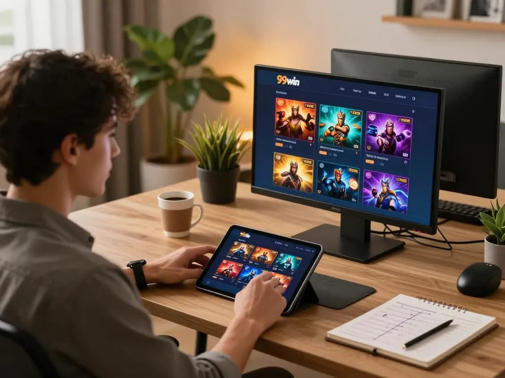 Player engaged in the 99win app on tablet in a cozy home setting for online casino gaming.