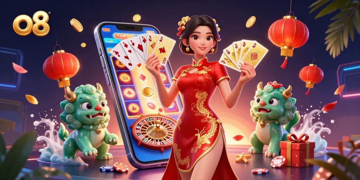 Engage with thrilling casino gaming at o8 with a vibrant 3D scene featuring dynamic characters and rich elements.