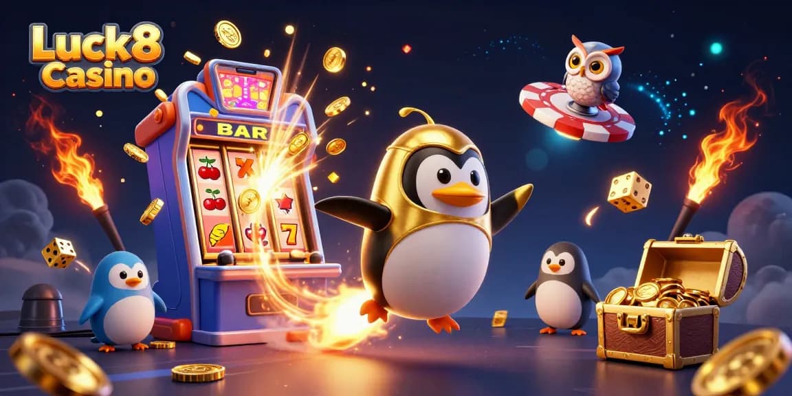 Experience the thrill of Luck8 Casino where a golden penguin rockets through a vibrant casino universe.