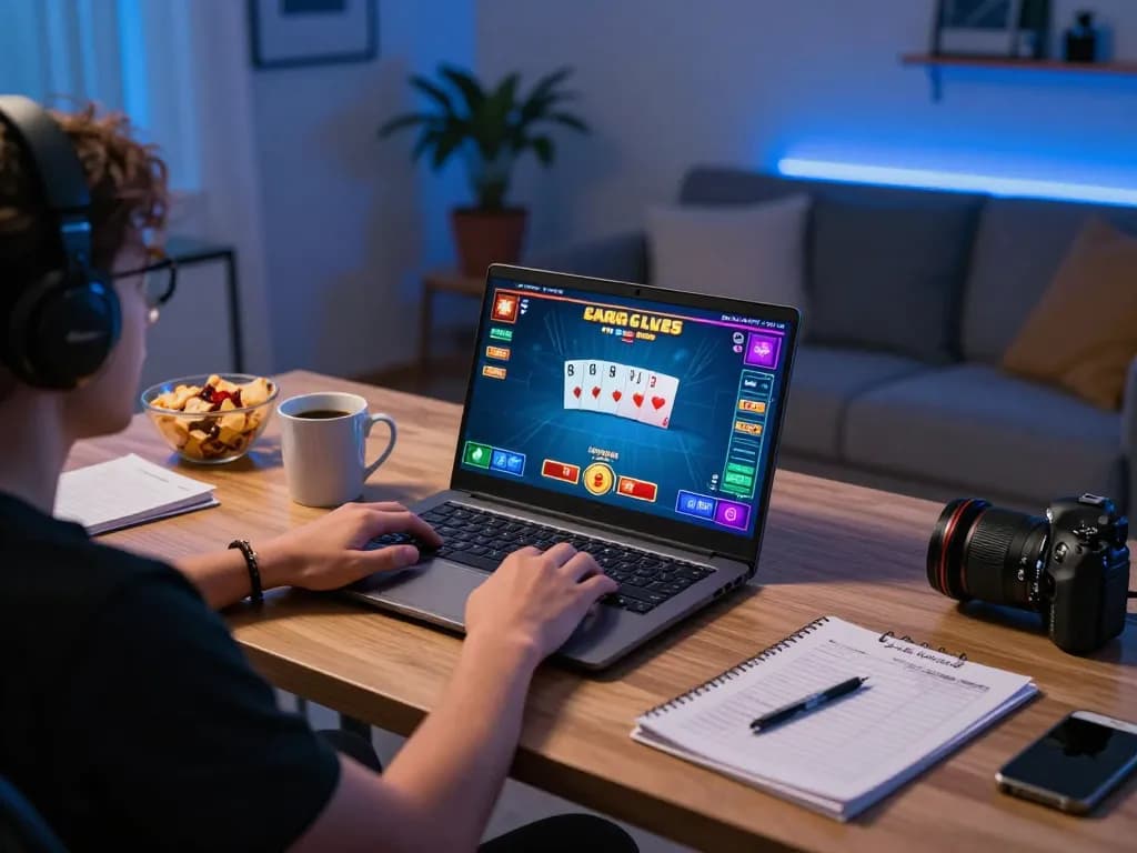 Sun Win online gaming setup with player focused on poker game, ambient home lighting, and betting strategy notes visible