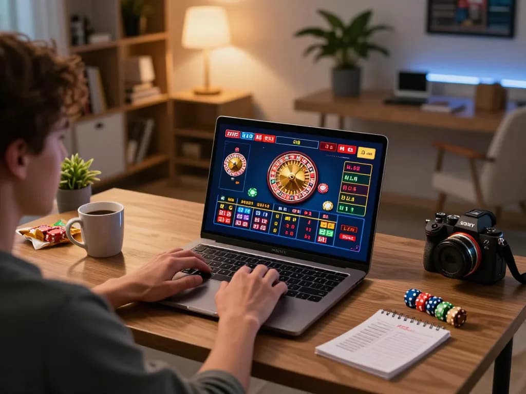 Experience thrilling gameplay at 888NEW with vibrant roulette action in a cozy home office setting.