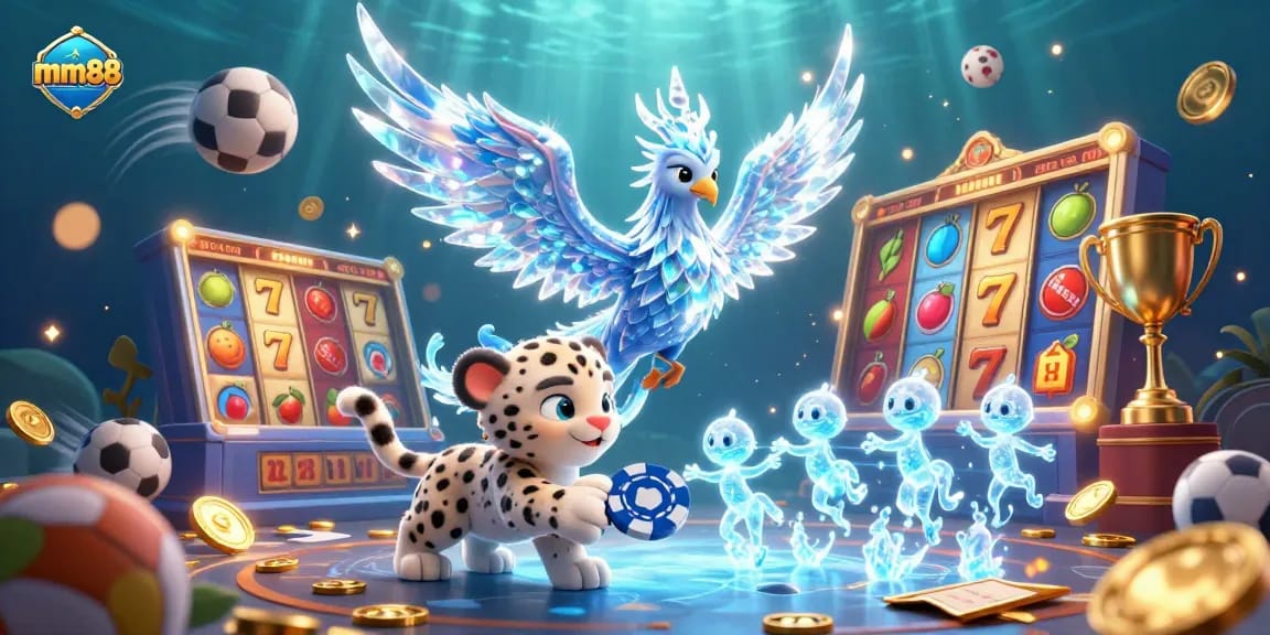 Experience thrilling slot gaming with mm88 as the ice phoenix and snow leopard cub join in a vibrant casino scene.