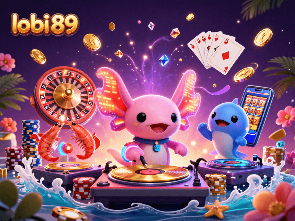 Mainkan slot gacor dengan lobi 89, ilustrasi berwarna cerah dari DJ axolotl dan karakter laut menari.