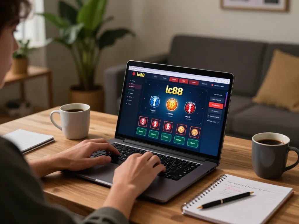 Engaged player using lc88 online casino at home, focusing on strategic betting with notes.
