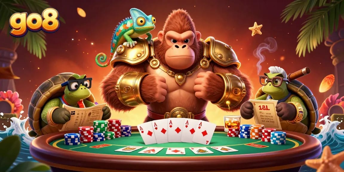Engage in exhilarating action at GO8's vibrant casino scene with a gorilla king, chameleon spy, and tortoise elder.